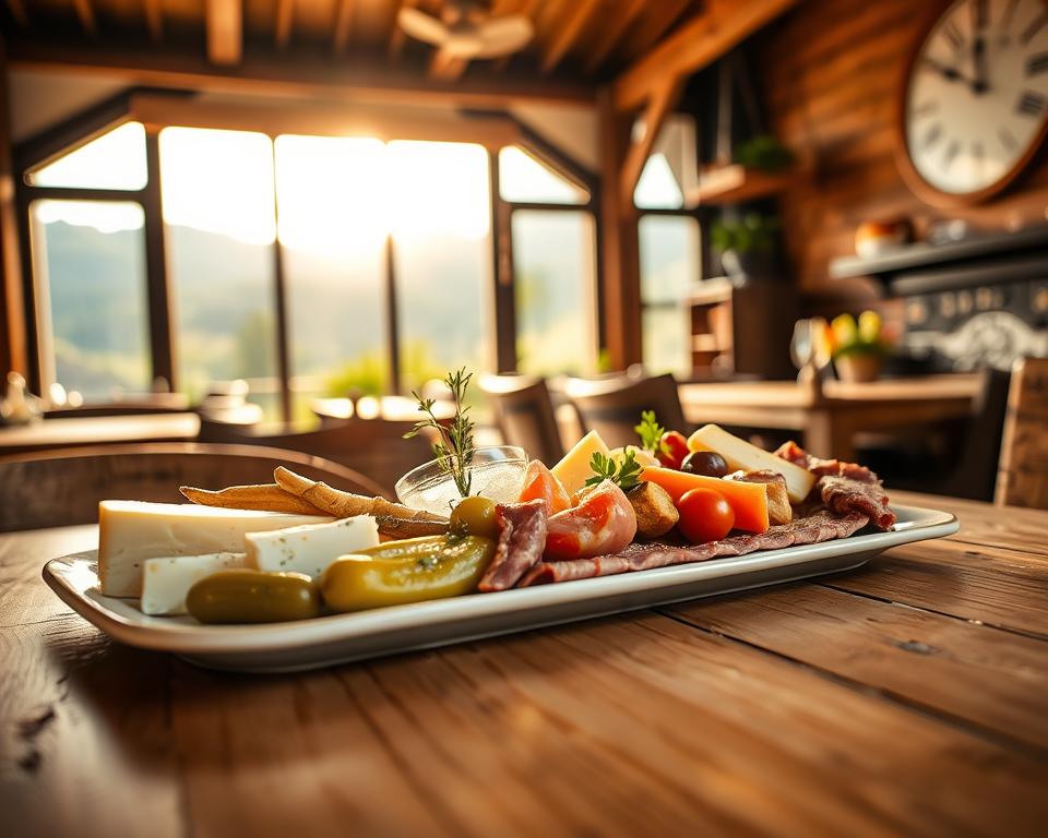 A beautifully arranged plate showcasing traditional Harzer Spezialitäten, featuring Harzer cheese, smoked meats, and pickles, beautifully garnished with fresh herbs. In the foreground, the plate is artfully set on a rustic wooden table with a soft-focus effect, capturing the details of the food. In the middle ground, a scenic view of the Harz mountains is visible, bathed in warm golden sunlight, enhancing the ambiance. The background features a charming, cozy restaurant with wood beams and large windows, allowing natural light to flood the space. The atmosphere is inviting and warm, perfect for a culinary experience. The composition should evoke a sense of comfort and hunger, with a slight vignette to draw focus to the delicious dish.