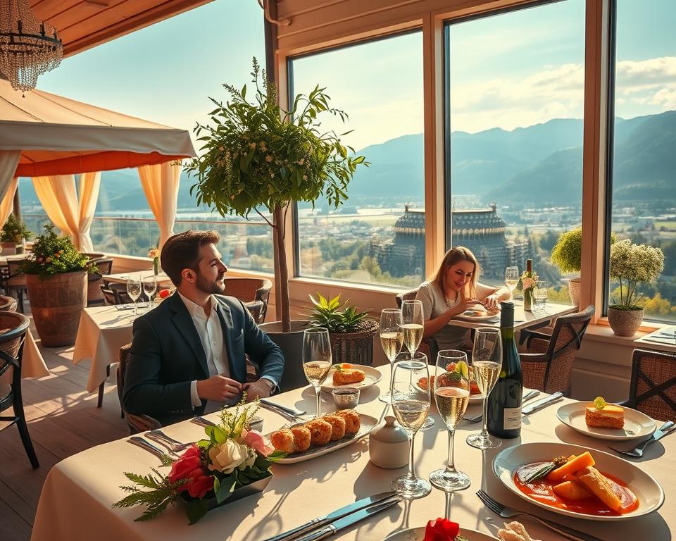 A beautifully arranged restaurant setting showcasing the best seating options, including an elegant terrace bathed in warm sunlight, a cozy sunlit winter garden filled with lush greenery, and a stylish window seat offering breathtaking views of the Harz mountains. The foreground features a well-dressed couple enjoying a delightful meal, adorned with fine tableware and fresh floral centerpieces, capturing a serene and intimate atmosphere. In the middle ground, tables are set for diners, showcasing delicious gourmet dishes and sparkling wine. The background highlights the panoramic views of the picturesque landscapes under a clear blue sky, conveying a sense of tranquility. The lighting is soft and inviting, adding warmth to the scene, typical of a beautiful day. Use a wide-angle lens to emphasize depth and invite the viewer into this perfect dining experience.