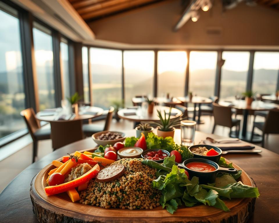 A beautifully arranged table showcasing allergiker-friendly dishes in a cozy restaurant setting in the Harz mountains. In the foreground, a vibrant, colorful vegetarian platter features fresh, local vegetables, grains like quinoa, and vegan dips, all artfully presented on rustic wooden tableware. In the middle, round tables set with elegant dinnerware and small potted plants create a welcoming atmosphere. Soft, warm lighting filters through large windows, casting a gentle glow over the dining area, with stunning panoramic views of the Harz landscape visible in the background. The mood is relaxed and inviting, emphasizing a tranquil dining experience that prioritizes health and inclusivity. Capture this image from a corner angle to highlight both the food and the breathtaking scenery outside.