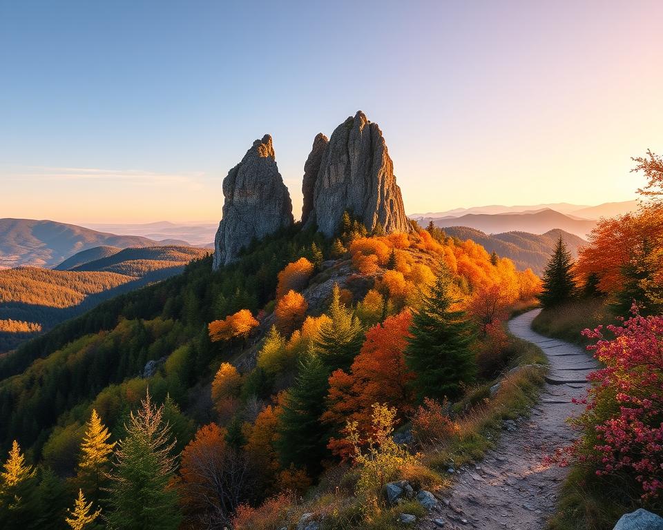A breathtaking landscape of the Teufelsmauer-Stieg in the Harz mountains during the best hiking season, showcasing the iconic rock formations in the foreground, rising dramatically against a clear blue sky. Lush green trees and vibrant autumn foliage gracefully blend into the midground, creating a rich tapestry of colors. In the background, gentle rolling hills fade into distant mountains under soft, warm sunlight, suggesting an inviting atmosphere. The scene features a hiking trail that winds invitingly through the vibrant scenery. The lighting is golden hour, casting a warm glow that enhances the natural features. The overall mood is serene and inspiring, capturing the essence of nature's beauty at its peak, perfect for an outdoor adventure. A breathtaking landscape of the Teufelsmauer-Stieg in the Harz mountains during the best hiking season, showcasing the iconic rock formations in the foreground, rising dramatically against a clear blue sky. Lush green trees and vibrant autumn foliage gracefully blend into the midground, creating a rich tapestry of colors. In the background, gentle rolling hills fade into distant mountains under soft, warm sunlight, suggesting an inviting atmosphere. The scene features a hiking trail that winds invitingly through the vibrant scenery. The lighting is golden hour, casting a warm glow that enhances the natural features. The overall mood is serene and inspiring, capturing the essence of nature's beauty at its peak, perfect for an outdoor adventure.