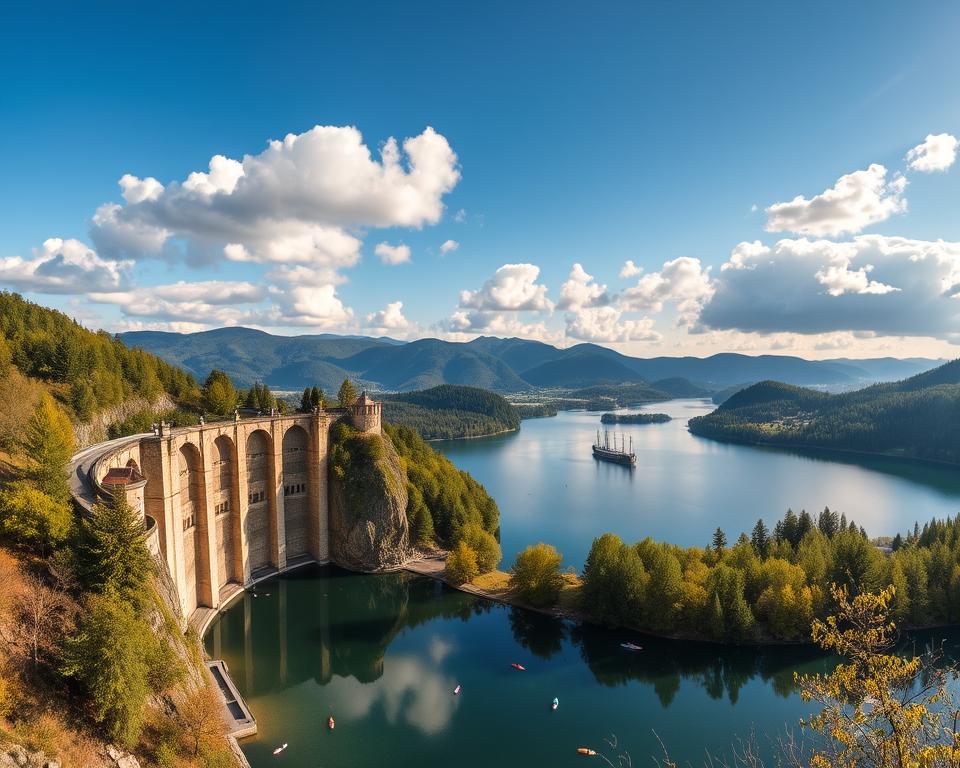 A breathtaking view of Rappbodetalsperre in the Harz Mountains, showcasing its stunning dam and the tranquil lake below. In the foreground, the clear water reflects the lush greenery of surrounding trees and the intricate stonework of the dam. The middle-ground features the expansive lake, dotted with small boats and kayakers enjoying the serene setting. In the background, the majestic Harz mountain range stretches toward a brilliant blue sky, with fluffy white clouds casting gentle shadows. The lighting is warm and inviting, capturing the golden hour glow, enhancing the mood of peace and natural beauty. The angle is slightly elevated, providing a panoramic perspective that highlights both the architecture and the lush landscape of this picturesque location. A breathtaking view of Rappbodetalsperre in the Harz Mountains, showcasing its stunning dam and the tranquil lake below. In the foreground, the clear water reflects the lush greenery of surrounding trees and the intricate stonework of the dam. The middle-ground features the expansive lake, dotted with small boats and kayakers enjoying the serene setting. In the background, the majestic Harz mountain range stretches toward a brilliant blue sky, with fluffy white clouds casting gentle shadows. The lighting is warm and inviting, capturing the golden hour glow, enhancing the mood of peace and natural beauty. The angle is slightly elevated, providing a panoramic perspective that highlights both the architecture and the lush landscape of this picturesque location.