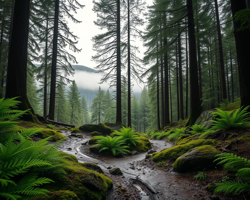 A dense, lush forest in the Harz Mountains during a typical wet day, showcasing towering pine trees with droplets of rain clinging to their needles. In the foreground, a winding, muddy trail is framed by vibrant green ferns and moss-covered rocks, illustrating the natural beauty and moisture of the environment. The middle ground features mist rolling through the trees, creating a mystical atmosphere, while patches of bright, soft light break through the clouds overhead. In the background, a distant hill adds depth to the scene, shrouded in a gentle haze. The overall mood is serene and refreshing, reflecting the essence of the region's wetter climate. The image should employ soft focus with a slight bokeh effect to enhance the tranquil feel, taken from a low angle to emphasize the towering trees above. A dense, lush forest in the Harz Mountains during a typical wet day, showcasing towering pine trees with droplets of rain clinging to their needles. In the foreground, a winding, muddy trail is framed by vibrant green ferns and moss-covered rocks, illustrating the natural beauty and moisture of the environment. The middle ground features mist rolling through the trees, creating a mystical atmosphere, while patches of bright, soft light break through the clouds overhead. In the background, a distant hill adds depth to the scene, shrouded in a gentle haze. The overall mood is serene and refreshing, reflecting the essence of the region's wetter climate. The image should employ soft focus with a slight bokeh effect to enhance the tranquil feel, taken from a low angle to emphasize the towering trees above.