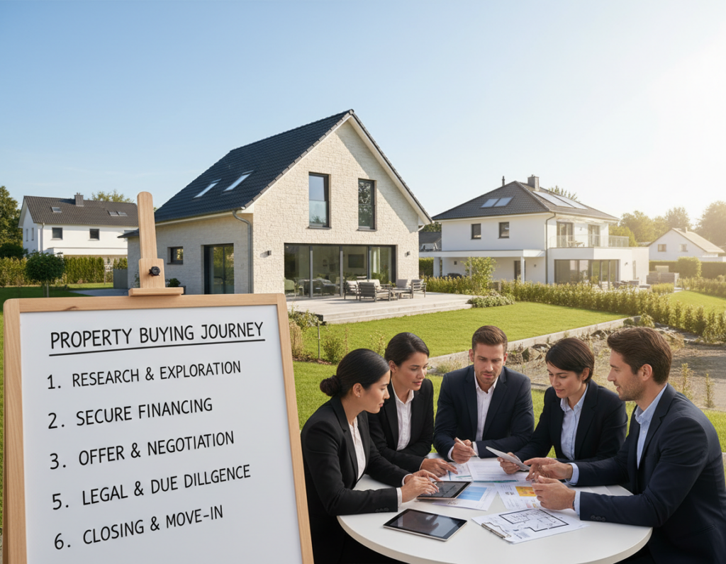 A detailed step-by-step roadmap for buying a property, featuring an elegant home in Bergisch Gladbach as the focal point. In the foreground, a neatly designed checklist with bullet points highlighting key steps like “Research”, “Financing”, and “Viewing”. In the middle ground, a diverse group of professional individuals, dressed in smart business attire, engaged in discussions, while pointing at property listings and documents. The background displays a contemporary residential area with attractive buildings under a clear blue sky. Soft, natural lighting enhances the warm and inviting atmosphere, emphasizing the importance of each step in the buying process. The camera angle is slightly elevated, providing a comprehensive view of the scene while maintaining focus on the home and the individuals.