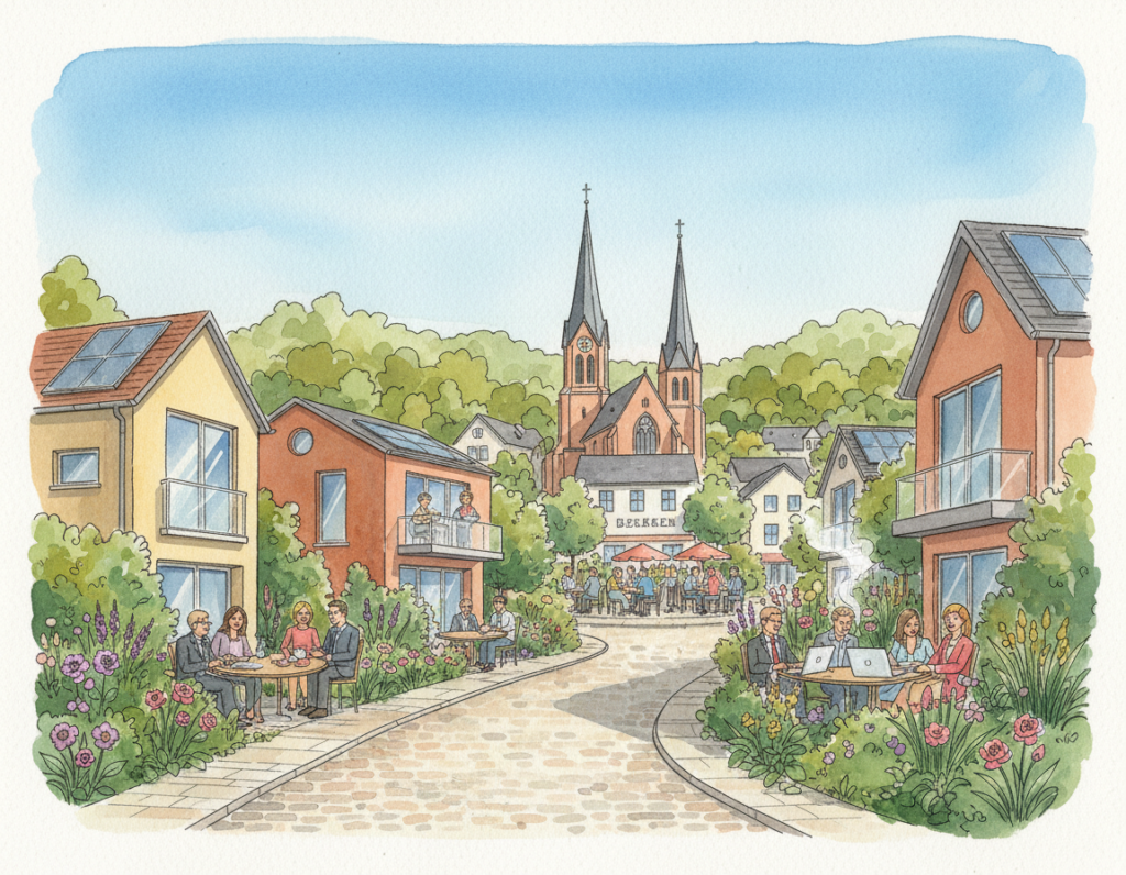 A modern and inviting watercolor-style illustration showcasing the attractive features of Bergisch Gladbach as a prime real estate location. In the foreground, depict a charming street lined with contemporary homes in warm hues, surrounded by lush greenery and flowering gardens. In the middle ground, include notable local landmarks such as the two impressive churches and quaint cafes bustling with people in professional attire enjoying their day. The background should feature rolling hills under a bright blue sky, emphasizing the natural beauty of the area. The lighting should be bright and soft to create a welcoming atmosphere, capturing the essence of a vibrant yet peaceful community. The angle should suggest an inviting perspective, making the viewer feel as though they are part of this thriving environment.
