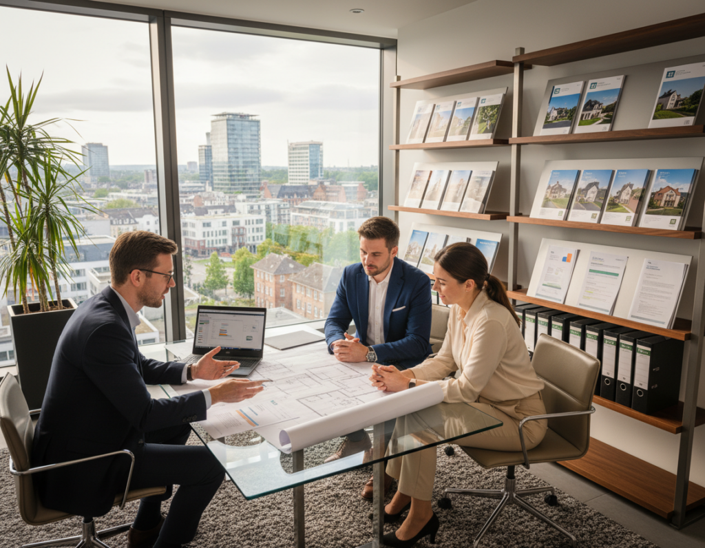 A modern office setting in Mönchengladbach, focusing on a professional consultation about real estate financing. In the foreground, a well-dressed financial advisor and a couple, dressed in smart casual attire, are seated at a sleek glass table, studying documents and a laptop. The advisor gestures towards a housing blueprint, while the couple appears engaged and attentive. In the middle ground, there are shelves lined with real estate brochures and financial reports. The background features a large window showcasing a view of Mönchengladbach’s skyline, with a warm, inviting natural light flooding the room. The atmosphere is collaborative and optimistic, highlighting the potential for homeownership. Use a wide-angle lens to capture the entire scene, ensuring a bright and professional ambiance.