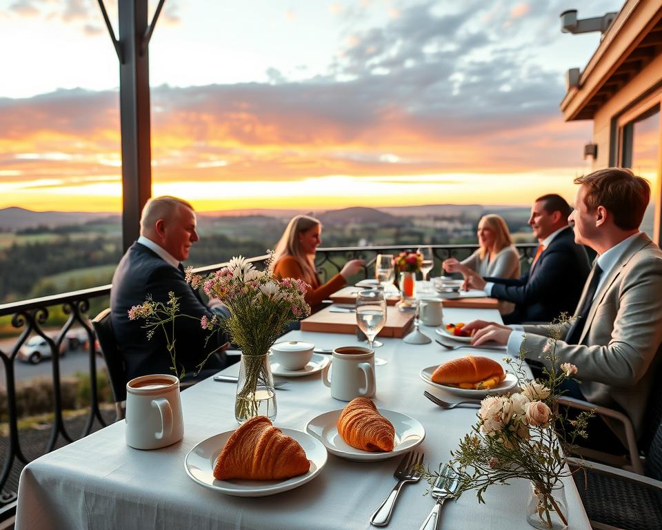 A picturesque restaurant terrace overlooking a stunning Harz landscape, featuring a cozy table set for breakfast with croissants, fresh fruit, and steaming coffee. In the foreground, a beautifully laid table adorned with delicate tableware and a fresh bouquet of wildflowers captivate attention. The middle ground reveals diners casually enjoying their meals, dressed in smart casual attire, laughing and talking animatedly, embodying a joyful atmosphere. In the background, rolling hills and a vibrant sunset sky create a warm, inviting ambiance, with soft, golden lighting enhancing the scene. The angle captures both the people and the breathtaking view, emphasizing the perfect time of day for enjoying exceptional dining experiences surrounded by nature.