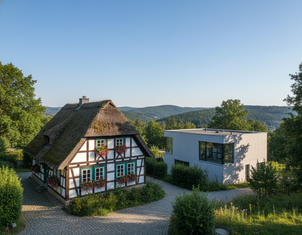 A picturesque scene showcasing two contrasting types of real estate in the Harz region. In the foreground, a traditional half-timbered house (Fachwerkhaus) adorned with intricate wooden elements, vibrant flower boxes, and a thatched roof, reflecting the charm of historical architecture. Directly beside it, a modern new-build home featuring clean lines, large glass windows, and a minimalist design, juxtaposing the old with the new. The middle ground should blend charming cobblestone paths, lush greenery, and mature trees that evoke a serene environment. The background reveals rolling hills under a clear blue sky, hinting at the idyllic landscapes of Harz. Soft, natural daylight casts gentle shadows, enhancing the inviting atmosphere. Take the image from a slightly elevated angle, highlighting both properties harmoniously.