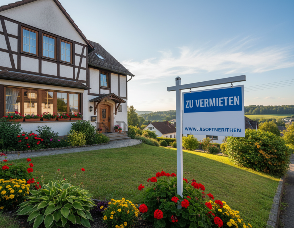 A picturesque street scene in Bergisch Gladbach, showcasing a beautiful residential building for rent. In the foreground, a modern "For Rent" sign stands on a well-maintained lawn, flanked by blooming flowers and some greenery. The middle ground features a charming, two-story house with large windows, a welcoming entrance, and a classic German architectural style. In the background, rolling hills and trees suggest a serene neighborhood setting. The scene is bathed in warm, golden hour lighting, enhancing the inviting atmosphere. A blue sky stretches overhead with soft clouds, evoking a peaceful, suburban vibe. The angle captures the essence of home, making it appealing for potential renters.
