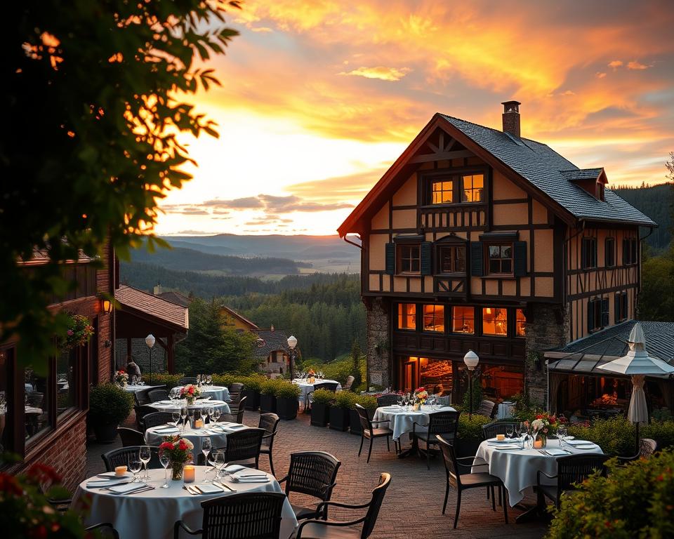 A picturesque view of Restaurant Wernigerode Aussicht, nestled in the scenic Harz mountains. The foreground features a beautifully arranged outdoor dining area, with elegant tables set for fine dining, adorned with soft candlelight and flower centerpieces. In the middle ground, a charming, traditional wooden building reflects the architectural style of the region, complete with large windows showcasing the stunning surroundings. The background showcases the lush, rolling hills and dense forests of the Harz National Park under a vibrant sunset sky, casting warm, golden hues across the scene. The atmosphere is inviting and serene, perfect for enjoying a meal with a breathtaking view. Capture the image with a warm, soft focus lens to enhance the dreamy ambiance.