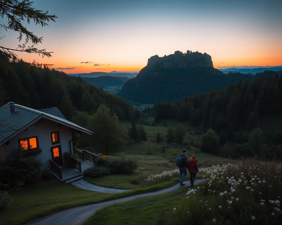 A picturesque view of the Harz region during twilight, showcasing a cozy guesthouse nestled among lush green forests and rolling hills. In the foreground, a well-kept path leads to the inviting entrance of the guesthouse, with warm light spilling from its windows. The middle ground features a tranquil clearing, dotted with blooming wildflowers, and a few hikers enjoying the serene landscape, dressed in modest casual clothing. In the background, the rugged cliffs of the Teufelsmauer rise dramatically against a fading sky, painted in soft hues of orange and purple as the sun sets. The mood is peaceful and inviting, evoking a sense of adventure and tranquility. Use a soft focus lens to enhance the dreamy atmosphere. A picturesque view of the Harz region during twilight, showcasing a cozy guesthouse nestled among lush green forests and rolling hills. In the foreground, a well-kept path leads to the inviting entrance of the guesthouse, with warm light spilling from its windows. The middle ground features a tranquil clearing, dotted with blooming wildflowers, and a few hikers enjoying the serene landscape, dressed in modest casual clothing. In the background, the rugged cliffs of the Teufelsmauer rise dramatically against a fading sky, painted in soft hues of orange and purple as the sun sets. The mood is peaceful and inviting, evoking a sense of adventure and tranquility. Use a soft focus lens to enhance the dreamy atmosphere.