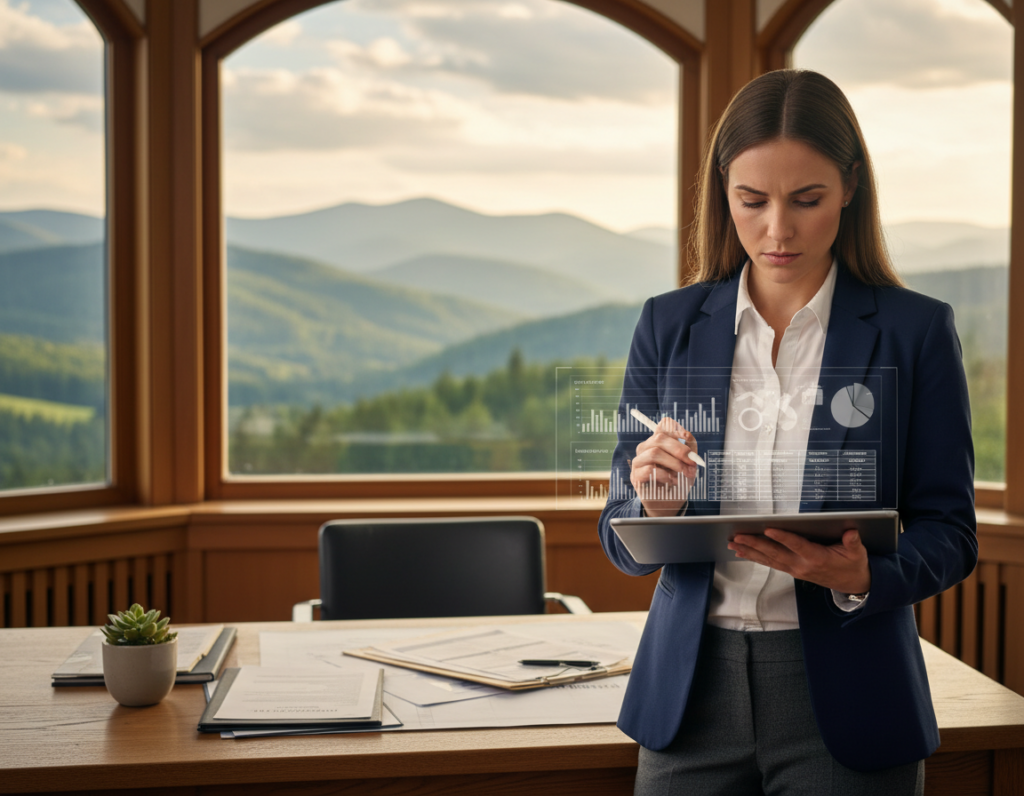 A professional financial consultant in business attire analyzes real estate financing calculations on a modern tablet, standing in a cozy, well-lit office with large windows overlooking the picturesque Harz mountains. The foreground showcases the consultant, focused and engaged, with charts and graphs visible on the tablet screen. In the middle ground, a stylish desk adorned with property documents and a small potted plant adds detail. The background features the magnificent Harz landscape, with rolling hills and lush forests bathed in soft daylight. The mood conveys optimism and professionalism, emphasizing the important aspect of financing and ongoing costs in property investment. Use warm, natural lighting to create an inviting atmosphere. The image should be captured at eye level, with a shallow depth of field to enhance focus on the consultant and tablet.