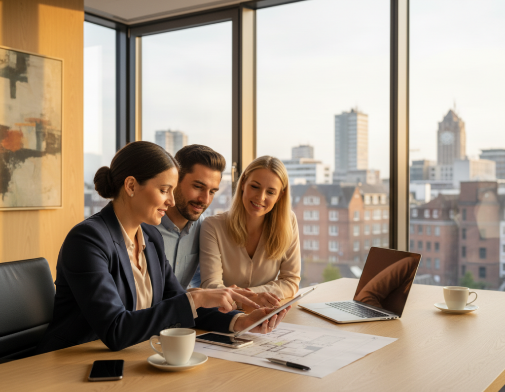 A professional real estate agent conducting a consultation in a modern office setting, showcasing Mönchengladbach's architectural style. In the foreground, a well-dressed agent in business attire is engaged in conversation with a couple, who are attentively listening and looking over property listings on a sleek tablet. The middle ground features a stylish desk with documents and a laptop, while tasteful decor reflects local design trends. In the background, large windows provide a view of Mönchengladbach’s skyline under soft, warm lighting, creating an inviting atmosphere. The scene exudes professionalism and trust, with a focus on personalized service in the real estate market. Capture this moment with a slight depth-of-field effect, emphasizing the agent and clients while softly blurring the background.