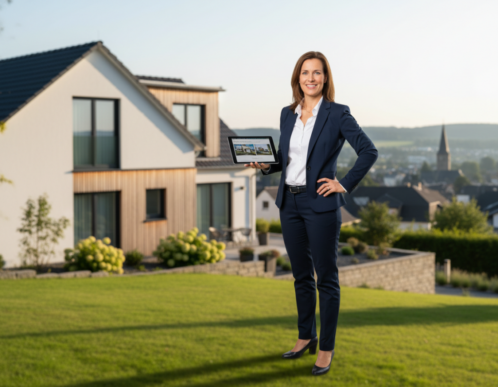 A professional real estate agent in Bergisch Gladbach, dressed in smart business attire, standing confidently in front of a modern house for sale. In the foreground, the agent engages with a digital tablet, showcasing property listings, with a welcoming smile. The middle ground features a stylish home with large windows and a well-maintained garden, representing the local architecture. In the background, a picturesque view of the Bergisch Gladbach skyline under a clear blue sky. Soft, natural lighting enhances the scene, creating a warm and inviting atmosphere. The image should have a slight depth of field to focus on the agent while maintaining context with the house and surroundings, conveying professionalism and accessibility in real estate.