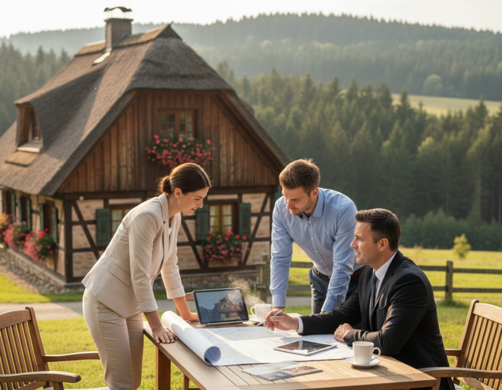 A professional real estate consultation scene set in the picturesque Harz region of Germany. In the foreground, a well-dressed real estate agent and a couple are engaged in a serious discussion, examining a property map on a stylish wooden table. The couple is dressed in business casual attire, reflecting a sense of professionalism. In the middle ground, a classic wooden cottage with a charming rustic design can be seen, symbolizing the types of properties available in the region. The background features rolling green hills and dense forests typical of the Harz, with soft sunlight filtering through the trees, creating a warm and inviting atmosphere. Use a medium depth of field to highlight the characters while gently blurring the scenic backdrop, enhancing the focus on the consultation. The overall mood should convey trust, professionalism, and a sense of adventure in exploring real estate opportunities.