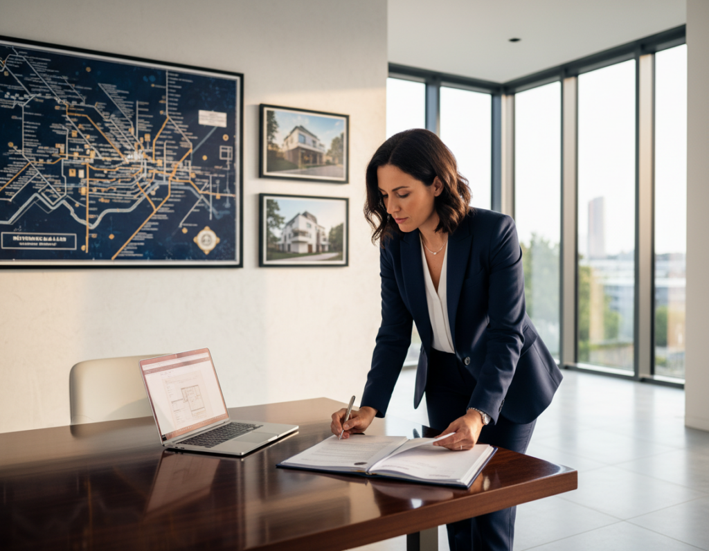 A professional real estate office in Mönchengladbach, featuring a modern, sleek design. In the foreground, a confident businesswoman in a tailored suit is examining property documents on a polished wooden desk, with a laptop open beside her. In the middle, an elegant map of Mönchengladbach and images of residential properties are displayed on a wall. The background showcases large windows allowing soft, natural daylight to flood in, illuminating the space and creating a warm, inviting atmosphere. The overall mood is one of professionalism and focus, emphasizing the legal aspects of real estate acquisition. The image is captured with a shallow depth of field, blurring the background slightly to draw attention to the foreground details. Warm lighting enhances the inviting nature of the scene.
