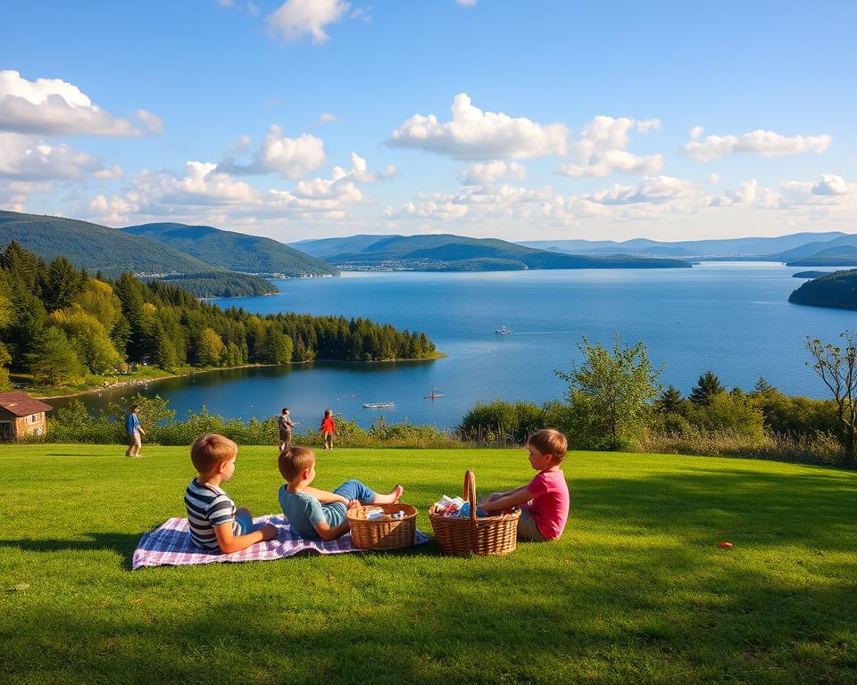A scenic view of Innerstetalsperre, showcasing a tranquil family-friendly lake surrounded by lush green forests and gentle hills. In the foreground, a family with children is enjoying a picnic on a grassy area, with a checkered blanket and a basket filled with snacks. The middle ground features people engaging in activities like kayaking and fishing, illustrating the lake's recreational aspect. In the background, the stunning waters of the lake reflect the clear blue sky, dotted with fluffy white clouds. The scene is illuminated by warm, golden afternoon sunlight, creating a cheerful, inviting atmosphere. Use a slightly elevated angle to capture the sweeping landscape, accentuating the harmony of nature and recreation. A scenic view of Innerstetalsperre, showcasing a tranquil family-friendly lake surrounded by lush green forests and gentle hills. In the foreground, a family with children is enjoying a picnic on a grassy area, with a checkered blanket and a basket filled with snacks. The middle ground features people engaging in activities like kayaking and fishing, illustrating the lake's recreational aspect. In the background, the stunning waters of the lake reflect the clear blue sky, dotted with fluffy white clouds. The scene is illuminated by warm, golden afternoon sunlight, creating a cheerful, inviting atmosphere. Use a slightly elevated angle to capture the sweeping landscape, accentuating the harmony of nature and recreation.