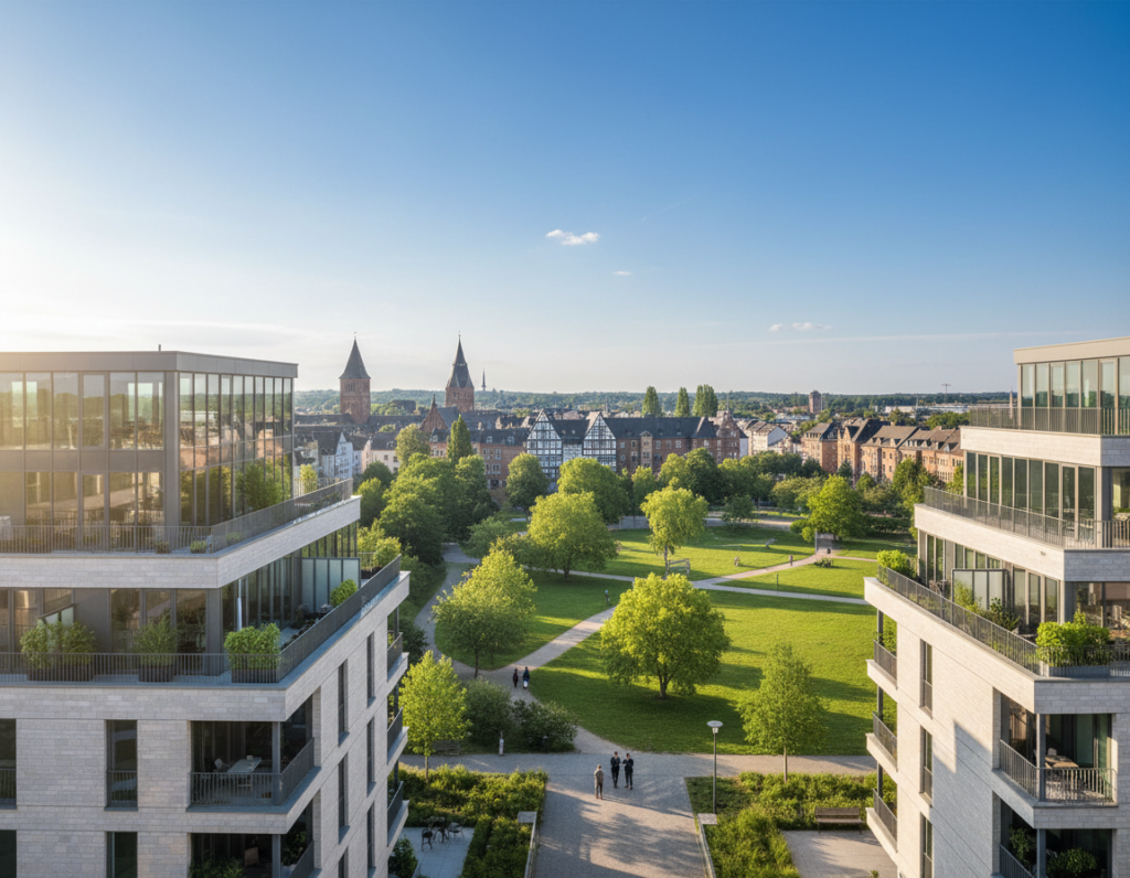 A scenic view of Mönchengladbach, showcasing modern investment properties and real estate opportunities. In the foreground, present sleek, contemporary apartment buildings with large windows reflecting the sunlight. The middle ground features lush green parks and urban landscapes with people in professional business attire walking and discussing investment opportunities. In the background, include classic German architecture to represent the city's history, with a bright blue sky overhead and soft, dappled lighting filtering through the trees. Capture a sense of optimism and growth in the atmosphere, highlighting the potential of real estate investments in this vibrant city. Use a wide-angle lens perspective for depth and clarity.