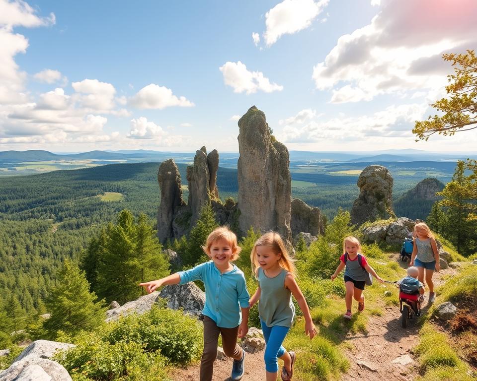 A scenic view of the Teufelsmauer-Stieg in the Harz Mountains, featuring a family with children hiking along the unique rock formations. In the foreground, cheerful children wearing modest casual clothing. They are playfully exploring the rugged paths, with one child pointing excitedly at a rock. In the middle ground, majestic, towering sandstone pillars emerge from lush greenery. The background showcases a breathtaking landscape of rolling hills and dense forest under a bright blue sky with fluffy white clouds. Soft, warm sunlight filters through the trees, casting gentle shadows on the trail, creating a friendly and inviting atmosphere. The overall mood is joyful and adventurous, perfect for family outings in nature. A scenic view of the Teufelsmauer-Stieg in the Harz Mountains, featuring a family with children hiking along the unique rock formations. In the foreground, cheerful children wearing modest casual clothing. They are playfully exploring the rugged paths, with one child pointing excitedly at a rock. In the middle ground, majestic, towering sandstone pillars emerge from lush greenery. The background showcases a breathtaking landscape of rolling hills and dense forest under a bright blue sky with fluffy white clouds. Soft, warm sunlight filters through the trees, casting gentle shadows on the trail, creating a friendly and inviting atmosphere. The overall mood is joyful and adventurous, perfect for family outings in nature.