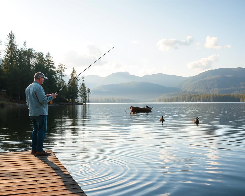 A serene fishing scene at Angeln Harz, featuring a tranquil lake surrounded by lush pine forests and distant rolling hills. In the foreground, a calm fisherman in modest casual attire casts his line from a wooden dock, with ripples gently radiating across the water's surface. In the middle ground, a small rowboat drifts peacefully, while a few ducks swim nearby, adding life to the scene. The background reveals majestic mountains under a clear blue sky, with soft, fluffy clouds. The lighting is warm and golden, suggesting early morning or late afternoon, casting gentle reflections on the lake. The mood is peaceful and inviting, capturing the essence of nature and leisure in this beautiful fishing spot in Harz. A serene fishing scene at Angeln Harz, featuring a tranquil lake surrounded by lush pine forests and distant rolling hills. In the foreground, a calm fisherman in modest casual attire casts his line from a wooden dock, with ripples gently radiating across the water's surface. In the middle ground, a small rowboat drifts peacefully, while a few ducks swim nearby, adding life to the scene. The background reveals majestic mountains under a clear blue sky, with soft, fluffy clouds. The lighting is warm and golden, suggesting early morning or late afternoon, casting gentle reflections on the lake. The mood is peaceful and inviting, capturing the essence of nature and leisure in this beautiful fishing spot in Harz.