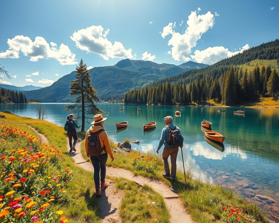 A serene hiking scene at one of the breathtaking lakes in the Harz mountains, showcasing crystal-clear water reflecting the surrounding lush greenery. In the foreground, a well-worn hiking trail meanders through vibrant wildflowers, inviting adventurous hikers in modest casual clothing. The middle ground features a tranquil lake dotted with small wooden boats gently bobbing on the surface, framed by towering pine trees. In the background, majestic mountains rise under a bright blue sky with fluffy white clouds, casting soft shadows across the landscape. The soft golden light of a late afternoon sun enhances the warm, inviting atmosphere, emphasizing the natural beauty and sense of exploration in this idyllic setting. A serene hiking scene at one of the breathtaking lakes in the Harz mountains, showcasing crystal-clear water reflecting the surrounding lush greenery. In the foreground, a well-worn hiking trail meanders through vibrant wildflowers, inviting adventurous hikers in modest casual clothing. The middle ground features a tranquil lake dotted with small wooden boats gently bobbing on the surface, framed by towering pine trees. In the background, majestic mountains rise under a bright blue sky with fluffy white clouds, casting soft shadows across the landscape. The soft golden light of a late afternoon sun enhances the warm, inviting atmosphere, emphasizing the natural beauty and sense of exploration in this idyllic setting.