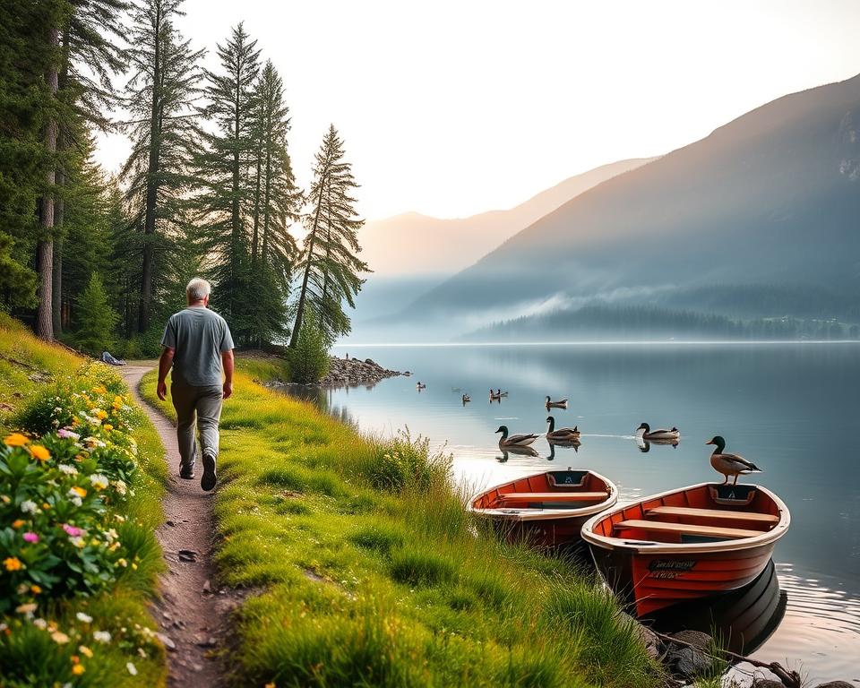 A serene lake in the Harz Mountains at dawn, surrounded by lush greenery and rugged hills. In the foreground, a person in modest outdoor clothing walks along a forest path lined with wildflowers, their footprints leaving no trace. The middle ground features the calm water of the lake, reflecting the soft pastel colors of the early morning sky. Wild ducks glide across the surface, while a few wooden boats are moored by the lake's edge, emphasizing sustainable travel. The background showcases towering pine trees and a misty mountain range, bathed in gentle sunlight filtering through the foliage. The overall mood is peaceful and inviting, perfect for eco-friendly exploration, with a focus on protecting nature and preserving the beauty of the Harz region. A serene lake in the Harz Mountains at dawn, surrounded by lush greenery and rugged hills. In the foreground, a person in modest outdoor clothing walks along a forest path lined with wildflowers, their footprints leaving no trace. The middle ground features the calm water of the lake, reflecting the soft pastel colors of the early morning sky. Wild ducks glide across the surface, while a few wooden boats are moored by the lake's edge, emphasizing sustainable travel. The background showcases towering pine trees and a misty mountain range, bathed in gentle sunlight filtering through the foliage. The overall mood is peaceful and inviting, perfect for eco-friendly exploration, with a focus on protecting nature and preserving the beauty of the Harz region.