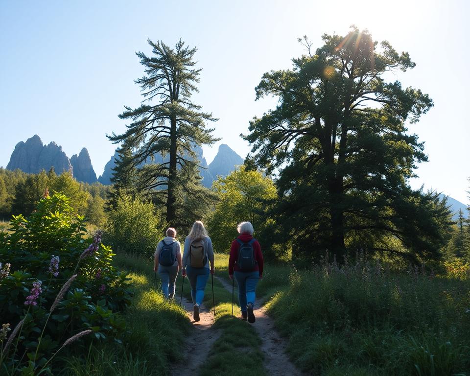 A serene landscape of the Harz mountains during sustainable hiking. In the foreground, a small group of hikers in casual, modest clothing, carrying eco-friendly backpacks, are walking along a well-defined trail surrounded by lush greenery. In the middle ground, towering ancient trees and diverse flora create a vibrant display of nature, emphasizing the eco-friendly ethos. The background features the iconic rock formations of the Teufelsmauer rising majestically against a clear blue sky. Soft, warm sunlight filters through the leaves, casting dappled shadows on the path, creating an inviting atmosphere. The scene conveys a sense of tranquility and respect for nature, ideal for promoting sustainable hiking practices. The angle is slightly elevated, capturing the depth of the landscape while keeping the hikers' journey as the focal point. A serene landscape of the Harz mountains during sustainable hiking. In the foreground, a small group of hikers in casual, modest clothing, carrying eco-friendly backpacks, are walking along a well-defined trail surrounded by lush greenery. In the middle ground, towering ancient trees and diverse flora create a vibrant display of nature, emphasizing the eco-friendly ethos. The background features the iconic rock formations of the Teufelsmauer rising majestically against a clear blue sky. Soft, warm sunlight filters through the leaves, casting dappled shadows on the path, creating an inviting atmosphere. The scene conveys a sense of tranquility and respect for nature, ideal for promoting sustainable hiking practices. The angle is slightly elevated, capturing the depth of the landscape while keeping the hikers' journey as the focal point.