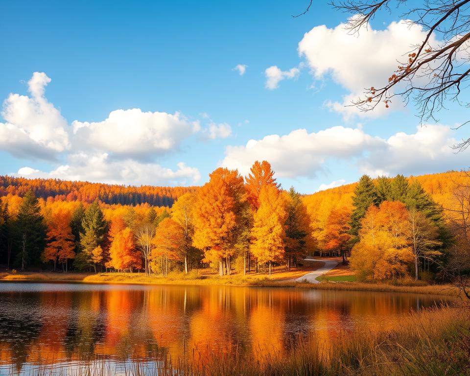 A serene landscape of the Harz region in Germany during the best season for visiting its stunning lakes, showcasing vibrant autumn foliage. In the foreground, a calm lake reflecting shades of orange and gold from tall, lush trees that line its edges. In the middle ground, a well-maintained hiking path leads through a thick forest, inviting visitors to explore. The background features gentle hills adorned with colorful trees under a clear blue sky dotted with fluffy white clouds. Soft, warm sunlight filters through the branches, creating a tranquil atmosphere full of nature's beauty. The image captures the essence of outdoor adventure and relaxation, ideal for experiencing the breathtaking Harz lakes. A serene landscape of the Harz region in Germany during the best season for visiting its stunning lakes, showcasing vibrant autumn foliage. In the foreground, a calm lake reflecting shades of orange and gold from tall, lush trees that line its edges. In the middle ground, a well-maintained hiking path leads through a thick forest, inviting visitors to explore. The background features gentle hills adorned with colorful trees under a clear blue sky dotted with fluffy white clouds. Soft, warm sunlight filters through the branches, creating a tranquil atmosphere full of nature's beauty. The image captures the essence of outdoor adventure and relaxation, ideal for experiencing the breathtaking Harz lakes.