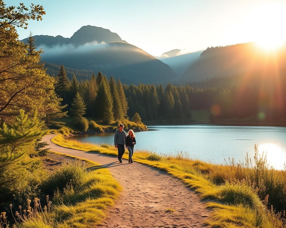 A serene landscape portraying the enchanting lakes of Harz, Germany, in the early morning light. In the foreground, a well-maintained, wooded path leads to a shimmering lake surrounded by lush greenery and wildflowers. The middle ground showcases a family dressed in modest casual clothing, happily walking along the path, enjoying the natural beauty. The background features the dramatic Harz mountains, their peaks gently cloaked in soft mist, contrasting with the clear blue of the sky. A soft golden glow from the rising sun bathes the scene in warmth. The atmosphere is peaceful and inviting, evoking a sense of adventure and connection with nature, perfect for those seeking uncomplicated access to the stunning lakes. The perspective should be wide, capturing the expansive beauty of the landscape without any text or distractions. A serene landscape portraying the enchanting lakes of Harz, Germany, in the early morning light. In the foreground, a well-maintained, wooded path leads to a shimmering lake surrounded by lush greenery and wildflowers. The middle ground showcases a family dressed in modest casual clothing, happily walking along the path, enjoying the natural beauty. The background features the dramatic Harz mountains, their peaks gently cloaked in soft mist, contrasting with the clear blue of the sky. A soft golden glow from the rising sun bathes the scene in warmth. The atmosphere is peaceful and inviting, evoking a sense of adventure and connection with nature, perfect for those seeking uncomplicated access to the stunning lakes. The perspective should be wide, capturing the expansive beauty of the landscape without any text or distractions.