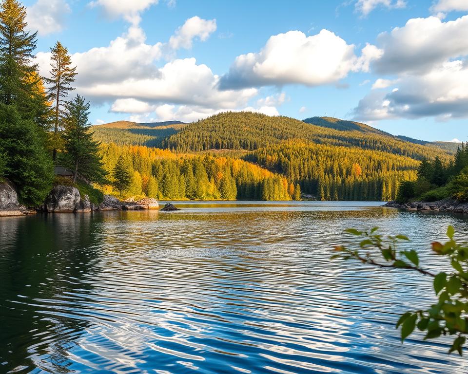 A serene view of Oderteich, nestled in the Harz Mountains. In the foreground, tranquil waters reflecting the sky, with gentle ripples created by a soft breeze. Lush green foliage and rocky outcrops frame the tranquil lake, leading the eye towards the middle ground where a dense forest rises, showcasing vibrant autumn colors. Distant pine-covered hills provide a stunning backdrop under a bright blue sky adorned with fluffy white clouds. The golden hour light casts warm hues, creating a cozy and inviting atmosphere, enhancing the natural beauty of the scene. Capture this picturesque landscape from a slightly elevated angle, emphasizing the wild character and untouched essence of the Harz region. A serene view of Oderteich, nestled in the Harz Mountains. In the foreground, tranquil waters reflecting the sky, with gentle ripples created by a soft breeze. Lush green foliage and rocky outcrops frame the tranquil lake, leading the eye towards the middle ground where a dense forest rises, showcasing vibrant autumn colors. Distant pine-covered hills provide a stunning backdrop under a bright blue sky adorned with fluffy white clouds. The golden hour light casts warm hues, creating a cozy and inviting atmosphere, enhancing the natural beauty of the scene. Capture this picturesque landscape from a slightly elevated angle, emphasizing the wild character and untouched essence of the Harz region.