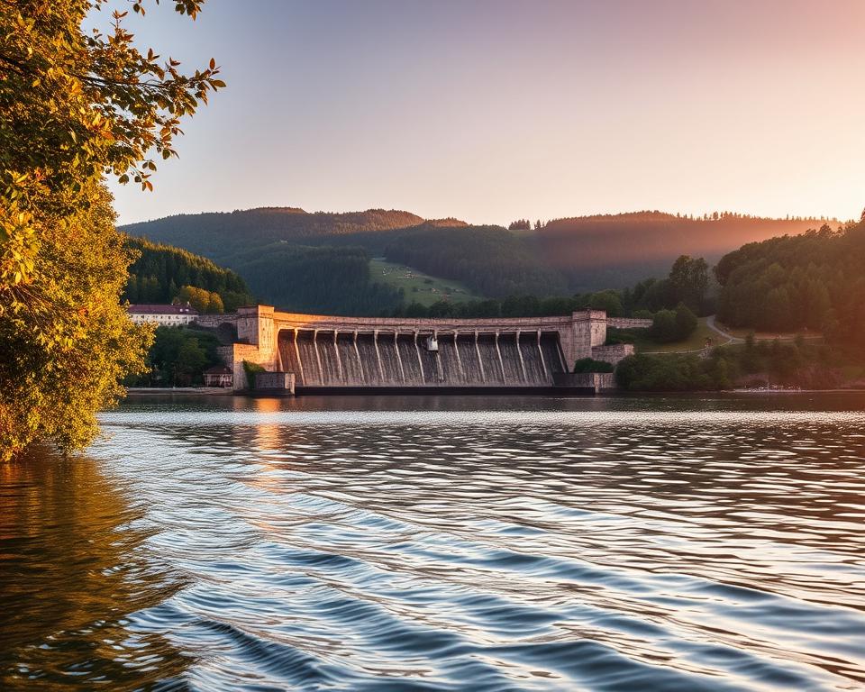 A serene view of Sösetalsperre, captured during golden hour with warm, soft lighting. In the foreground, gentle waves ripple across the glassy water, reflecting the vibrant hues of the sunset. To the left, lush green trees frame the edge of the lake, their leaves glistening with the evening light. In the middle ground, the iconic dam structure stands majestically, with its natural stone facade harmonizing with the tranquil surroundings. The background features rolling hills covered in a mix of dense forests, creating a peaceful and inviting atmosphere. A few distant hikers are seen strolling along a path, enjoying the natural beauty of the area. The composition is wide-angle, emphasizing the expansive nature of the landscape while maintaining focus on the dam as a relaxing retreat. A serene view of Sösetalsperre, captured during golden hour with warm, soft lighting. In the foreground, gentle waves ripple across the glassy water, reflecting the vibrant hues of the sunset. To the left, lush green trees frame the edge of the lake, their leaves glistening with the evening light. In the middle ground, the iconic dam structure stands majestically, with its natural stone facade harmonizing with the tranquil surroundings. The background features rolling hills covered in a mix of dense forests, creating a peaceful and inviting atmosphere. A few distant hikers are seen strolling along a path, enjoying the natural beauty of the area. The composition is wide-angle, emphasizing the expansive nature of the landscape while maintaining focus on the dam as a relaxing retreat.