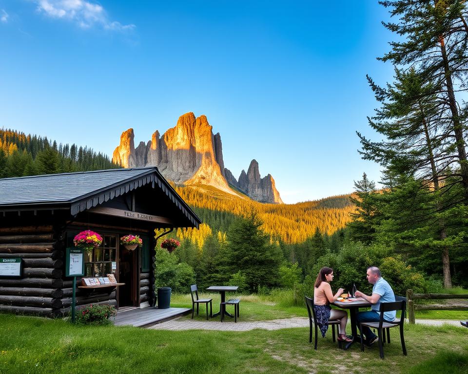 A serene view of the Einkehr Teufelsmauer-Stieg nestled in the lush, green wilderness of the Harz Mountains. In the foreground, a rustic wooden cabin offering refreshments to travelers stands invitingly, adorned with colorful hanging flowers. A couple of hikers in modest casual clothing are seated at a quaint outdoor table, enjoying local delicacies amidst the natural beauty. In the middle ground, majestic rock formations of the Teufelsmauer rise dramatically against a clear blue sky, partially illuminated by soft, golden afternoon sunlight. The background features dense greenery, including towering trees and gentle hills, contributing to a peaceful ambiance. The overall mood is warm and inviting, ideal for an outdoor break after a fulfilling hike. A serene view of the Einkehr Teufelsmauer-Stieg nestled in the lush, green wilderness of the Harz Mountains. In the foreground, a rustic wooden cabin offering refreshments to travelers stands invitingly, adorned with colorful hanging flowers. A couple of hikers in modest casual clothing are seated at a quaint outdoor table, enjoying local delicacies amidst the natural beauty. In the middle ground, majestic rock formations of the Teufelsmauer rise dramatically against a clear blue sky, partially illuminated by soft, golden afternoon sunlight. The background features dense greenery, including towering trees and gentle hills, contributing to a peaceful ambiance. The overall mood is warm and inviting, ideal for an outdoor break after a fulfilling hike.