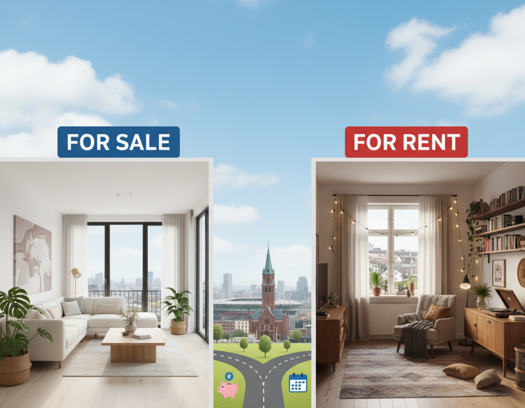 A split-scene illustration depicting the concept of buying versus renting real estate in Mönchengladbach. In the foreground, on the left, a modern apartment with a "For Sale" sign, showcasing a stylish living room with contemporary furnishings and large windows allowing natural light to flood in. On the right, a cozy rental apartment with a "For Rent" sign, featuring a well-decorated space that exudes warmth and comfort. The middle ground includes subtle elements like a cityscape of Mönchengladbach, with iconic architectural landmarks visible. The background features a clear blue sky with soft, fluffy clouds, giving a sense of tranquility. The mood is informative and engaging, highlighting the decision-making process in a visually appealing manner. All elements are well-lit, with a focus on clarity and detail.