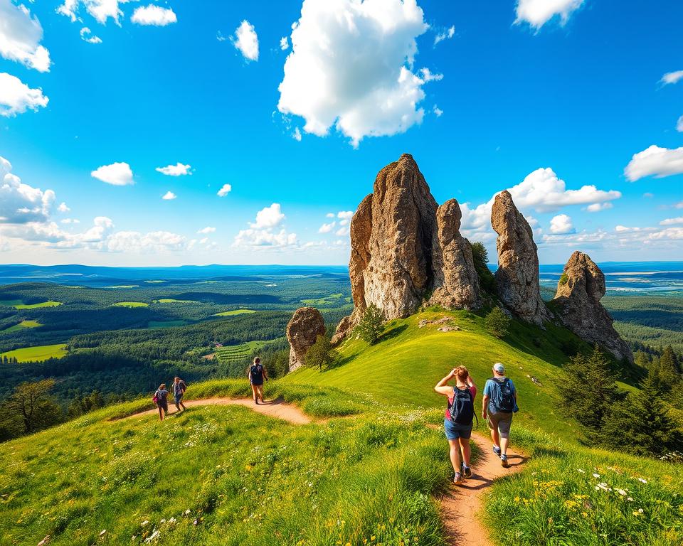 Majestic rock formations of Teufelsmauer rise sharply from the lush green landscape in the foreground, with a winding hiking trail leading towards them. Scattered wildflowers add pops of color at the base of the rocks. In the middle ground, hikers in modest casual clothing enjoy the breathtaking panoramic views, capturing the picturesque scene with cameras. The background features rolling hills and distant forests under a bright blue sky dotted with fluffy white clouds. Soft, golden sunlight bathes the scene, creating warm highlights on the rocks and enhancing the lush greenery. The mood is serene and adventurous, inviting viewers to explore the stunning natural beauty of the Harz region. Majestic rock formations of Teufelsmauer rise sharply from the lush green landscape in the foreground, with a winding hiking trail leading towards them. Scattered wildflowers add pops of color at the base of the rocks. In the middle ground, hikers in modest casual clothing enjoy the breathtaking panoramic views, capturing the picturesque scene with cameras. The background features rolling hills and distant forests under a bright blue sky dotted with fluffy white clouds. Soft, golden sunlight bathes the scene, creating warm highlights on the rocks and enhancing the lush greenery. The mood is serene and adventurous, inviting viewers to explore the stunning natural beauty of the Harz region.